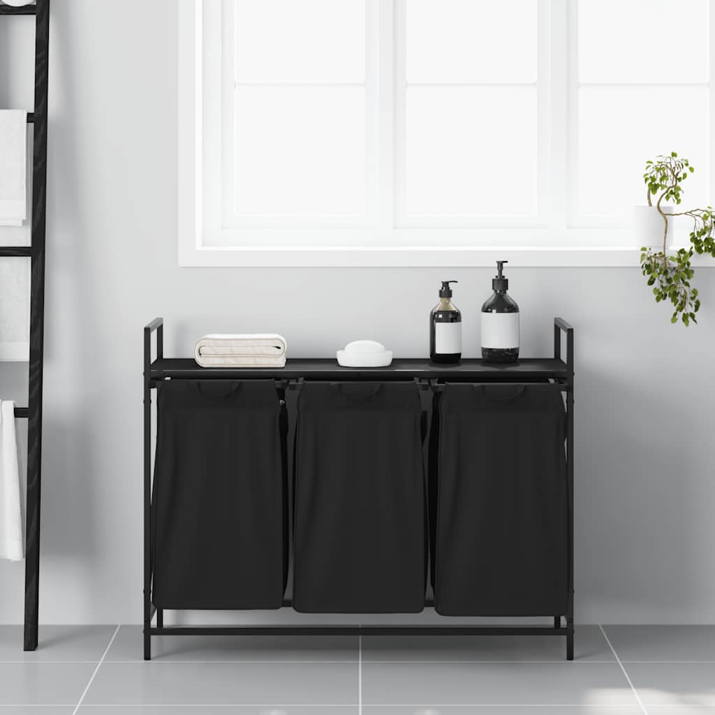 Cesto de roupa suja com 3 compartimentos e prateleira, cor carvalho preto