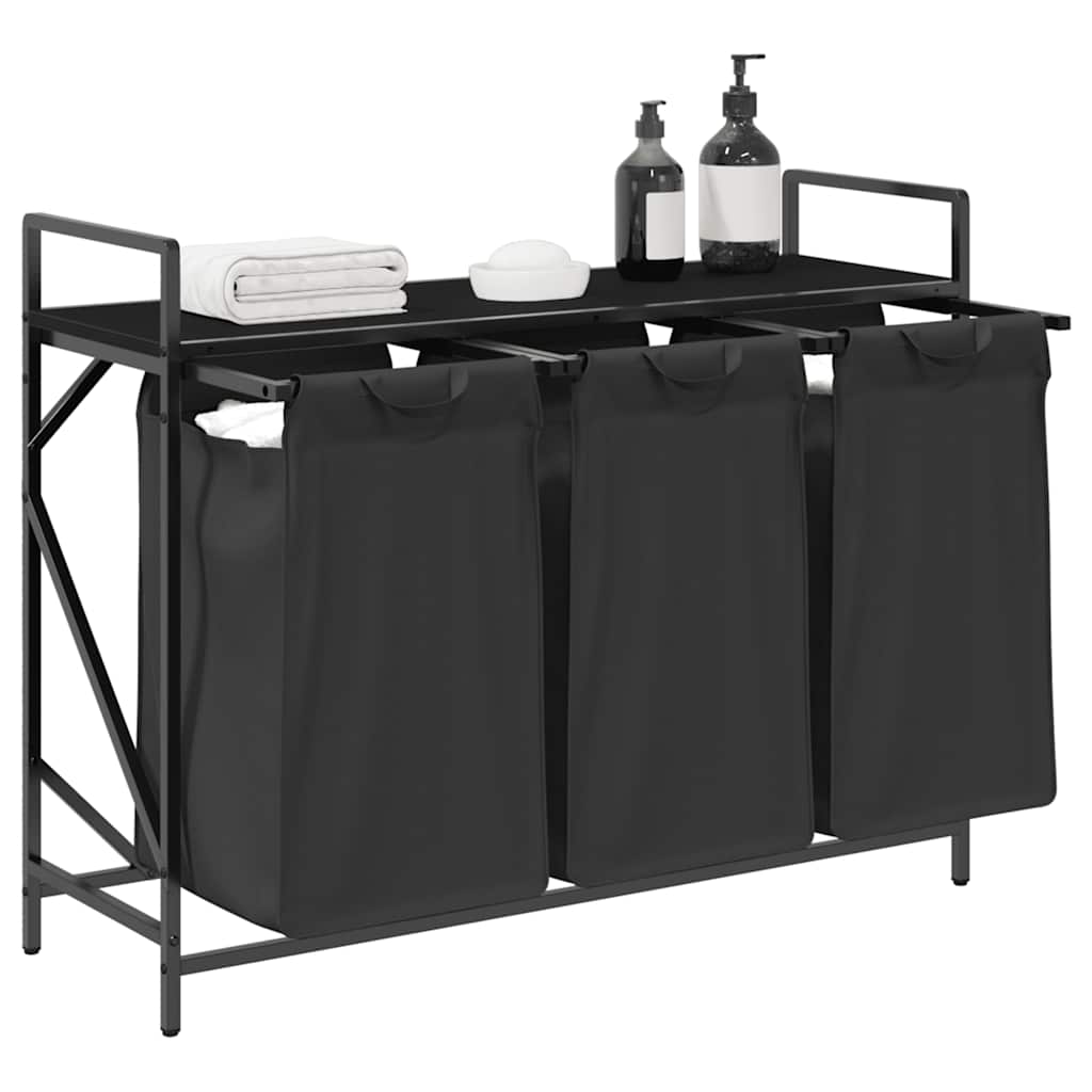 Cesto de roupa suja com 3 compartimentos e prateleira, cor carvalho preto