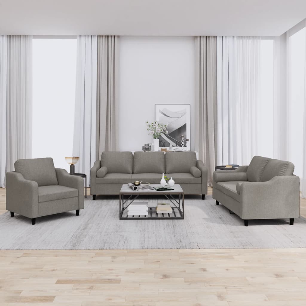 3 Pcs conjunto de sofás com almofadas tecido cinza-acastanhado