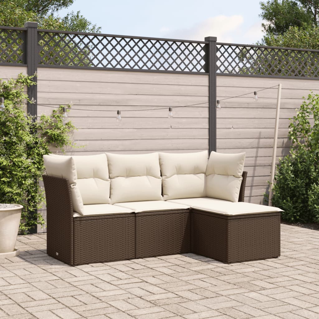4 Pcs conjunto sofás de jardim c/ almofadões vime PE castanho