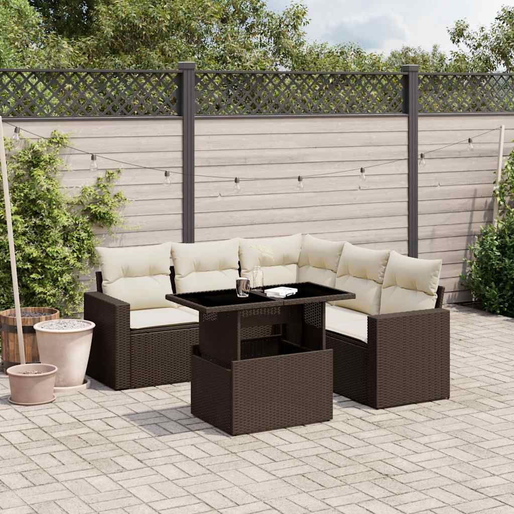 6 Pcs conjunto de sofás jardim c/ almofadões vime PE castanho