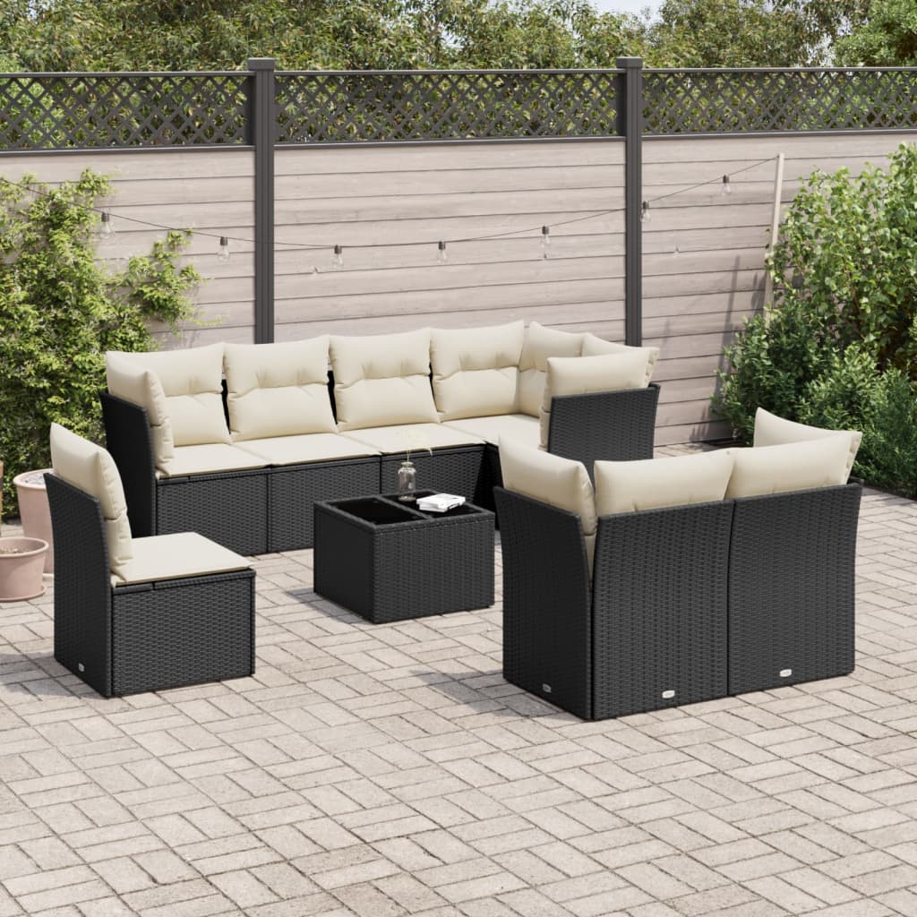 9 Pcs conjunto de sofás p/ jardim c/ almofadões vime PE preto