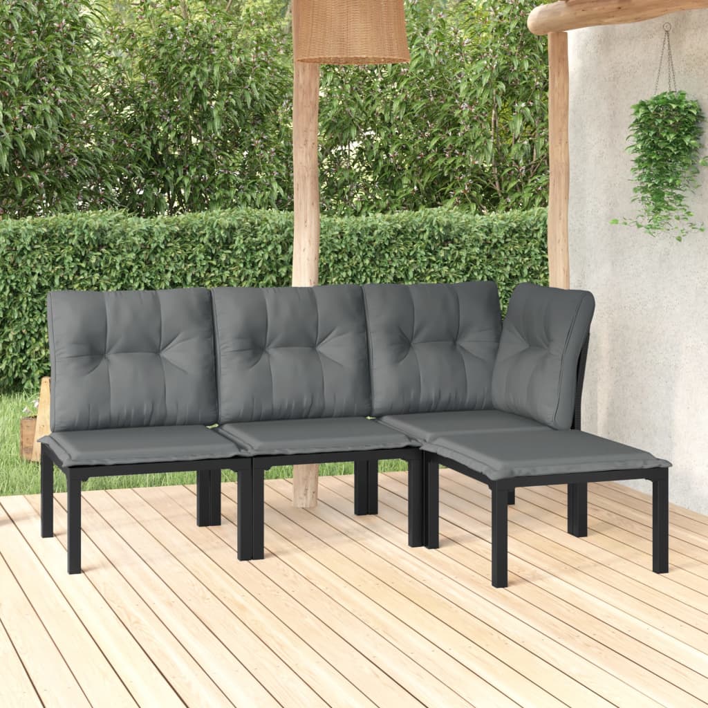 4 Pcs conjunto lounge de jardim vime PE preto e cinzento
