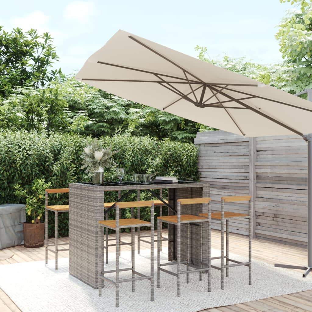 7 Pcs conjunto de bar p/ jardim vime PE/acácia maciça cinzento