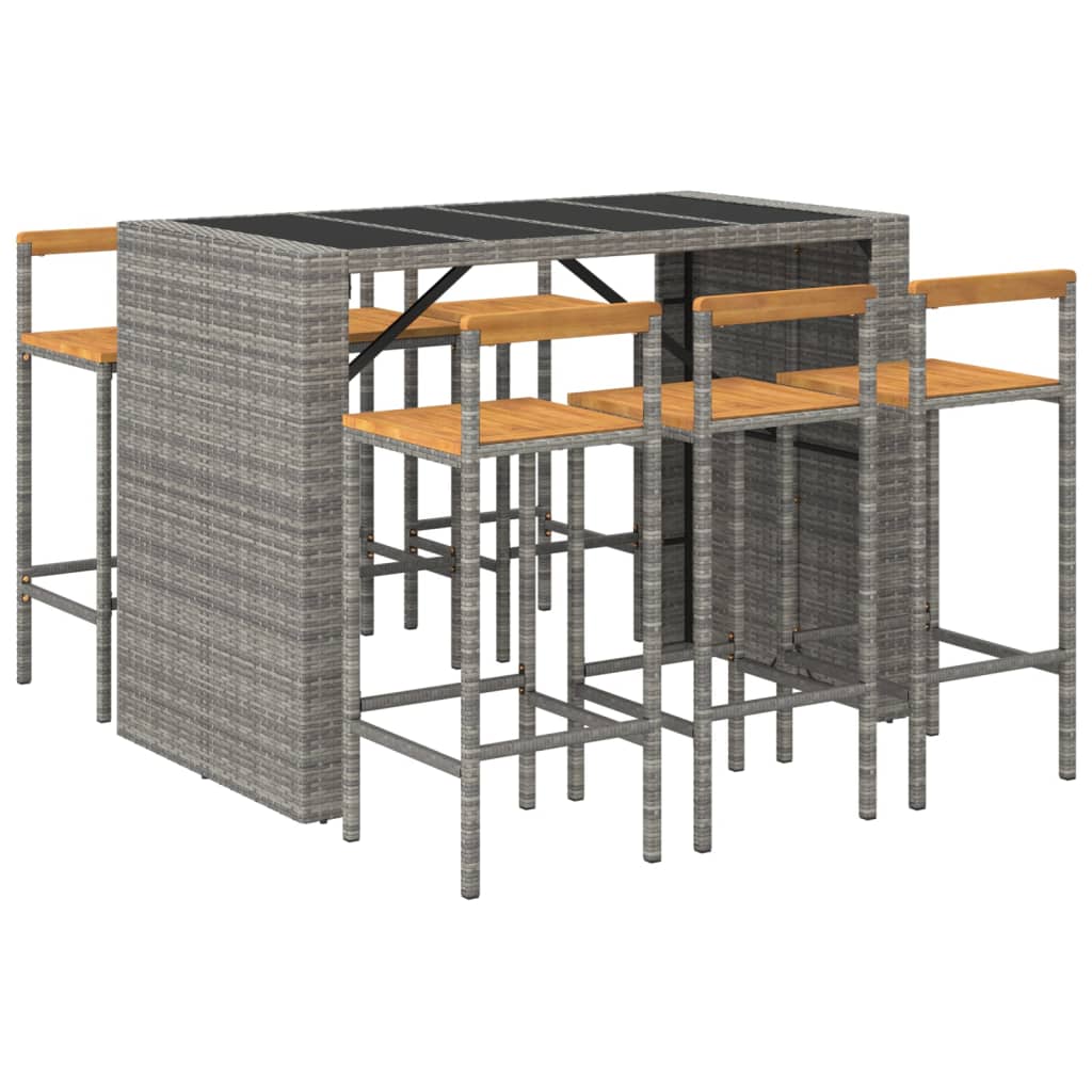 7 Pcs conjunto de bar p/ jardim vime PE/acácia maciça cinzento