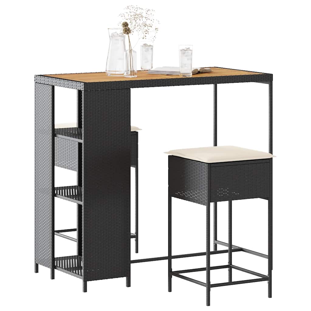 3 Pcs conjunto de bar para jardim c/ almofadões vime PE preto