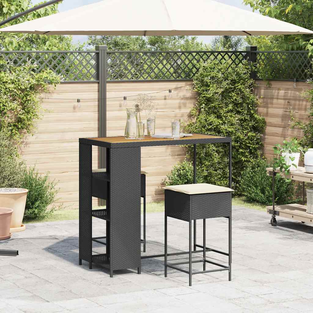3 Pcs conjunto de bar para jardim c/ almofadões vime PE preto