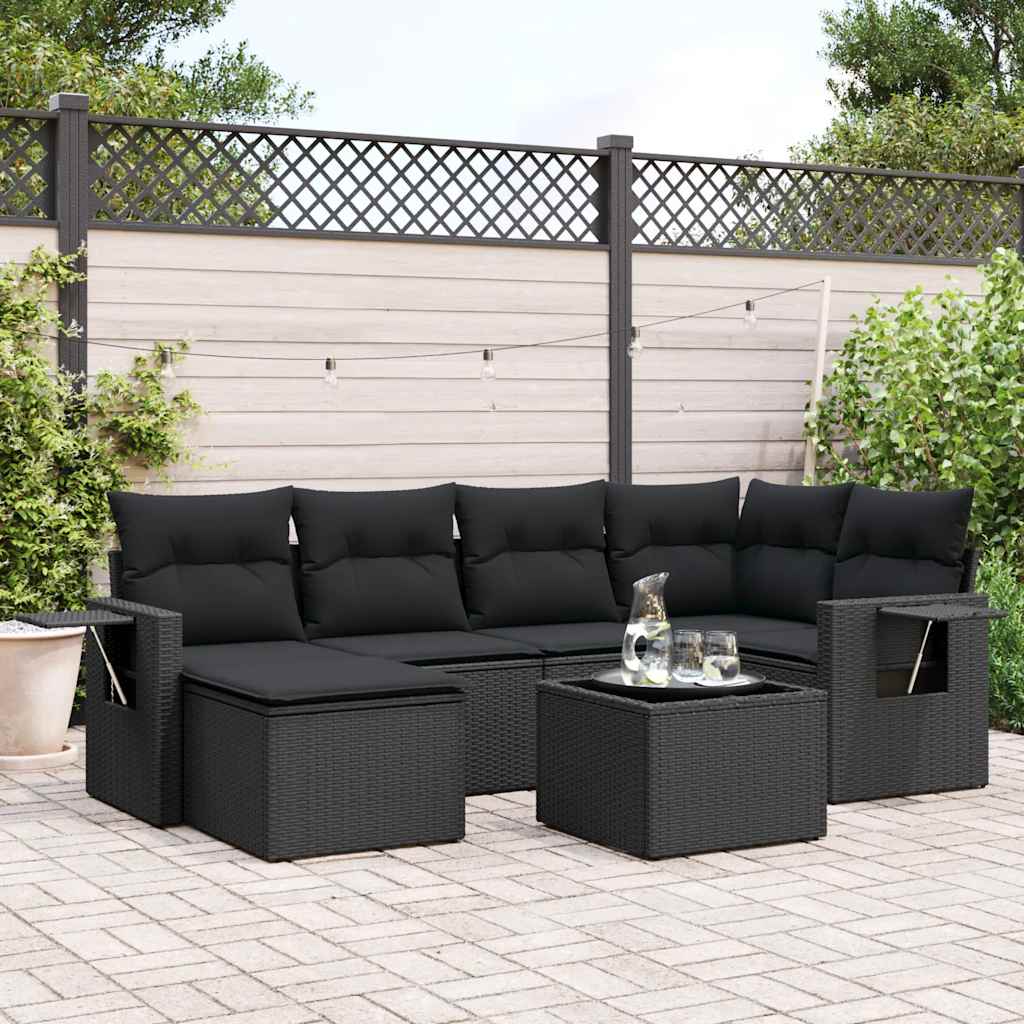 7 Pcs conjunto de sofás p/ jardim c/ almofadões vime PE preto