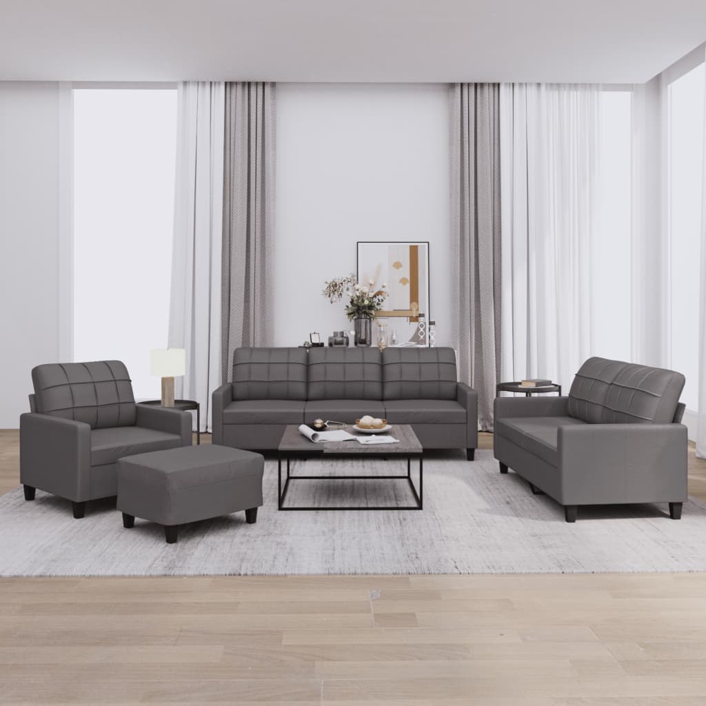 4 Pcs conjunto de sofás c/ almofadões couro artificial cinzento