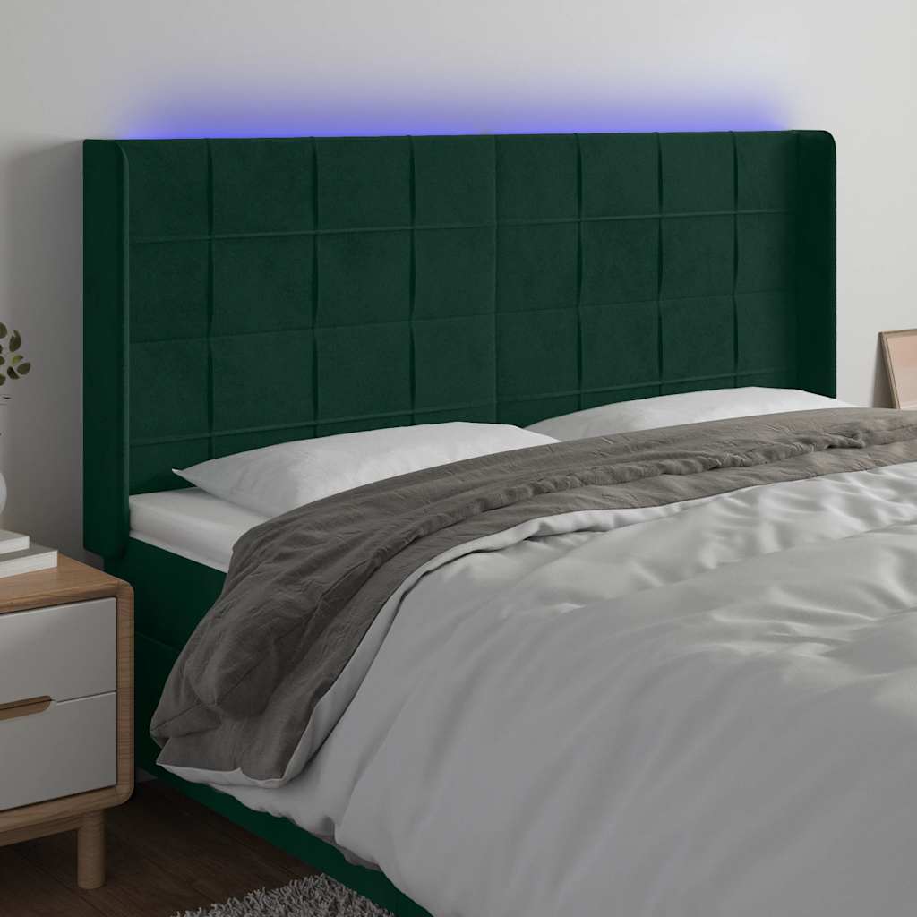 Cabeceira de cama c/ LED veludo 183x16x118/128 cm verde-escuro