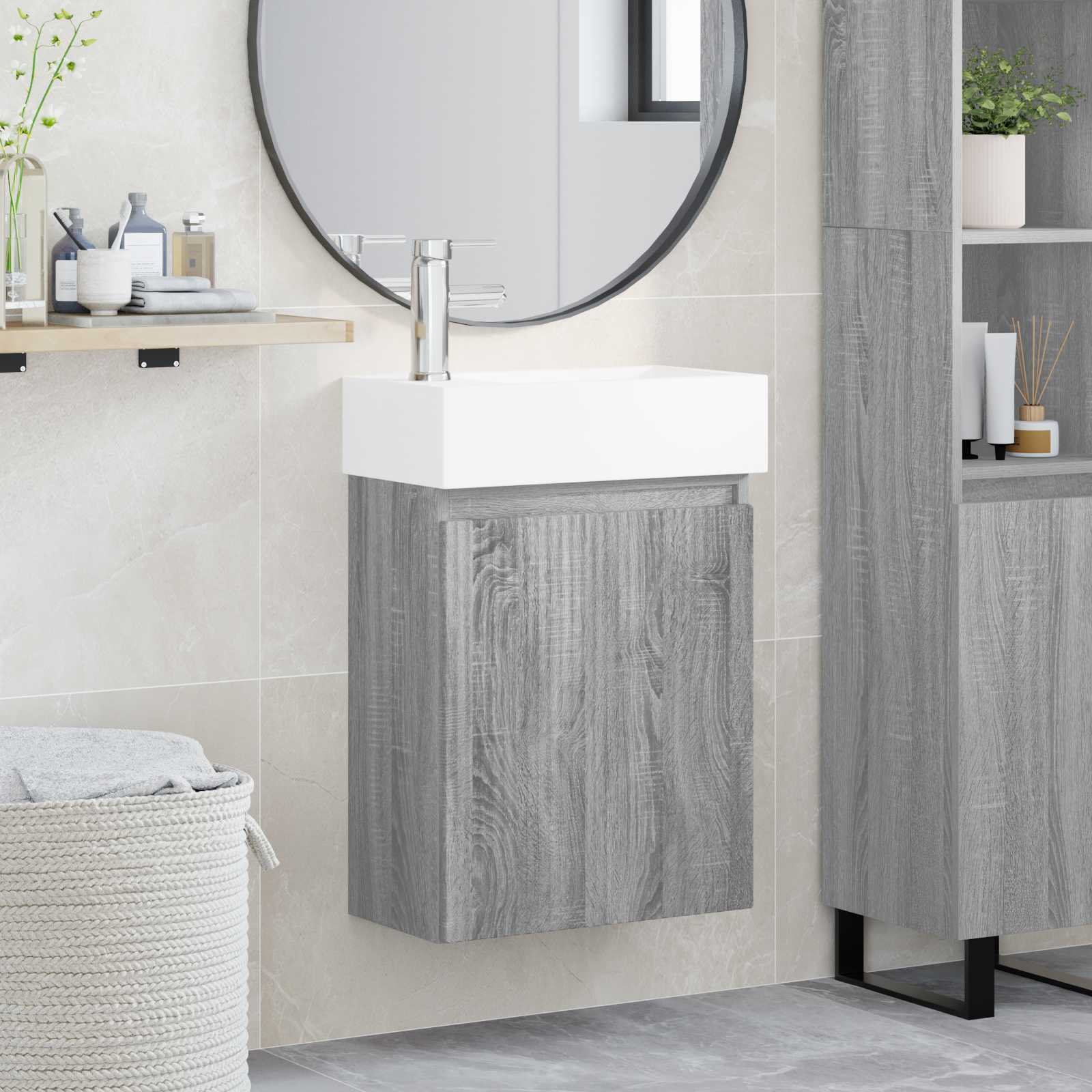Conjunto de móveis de banheiro com torneira sonoma cinzento