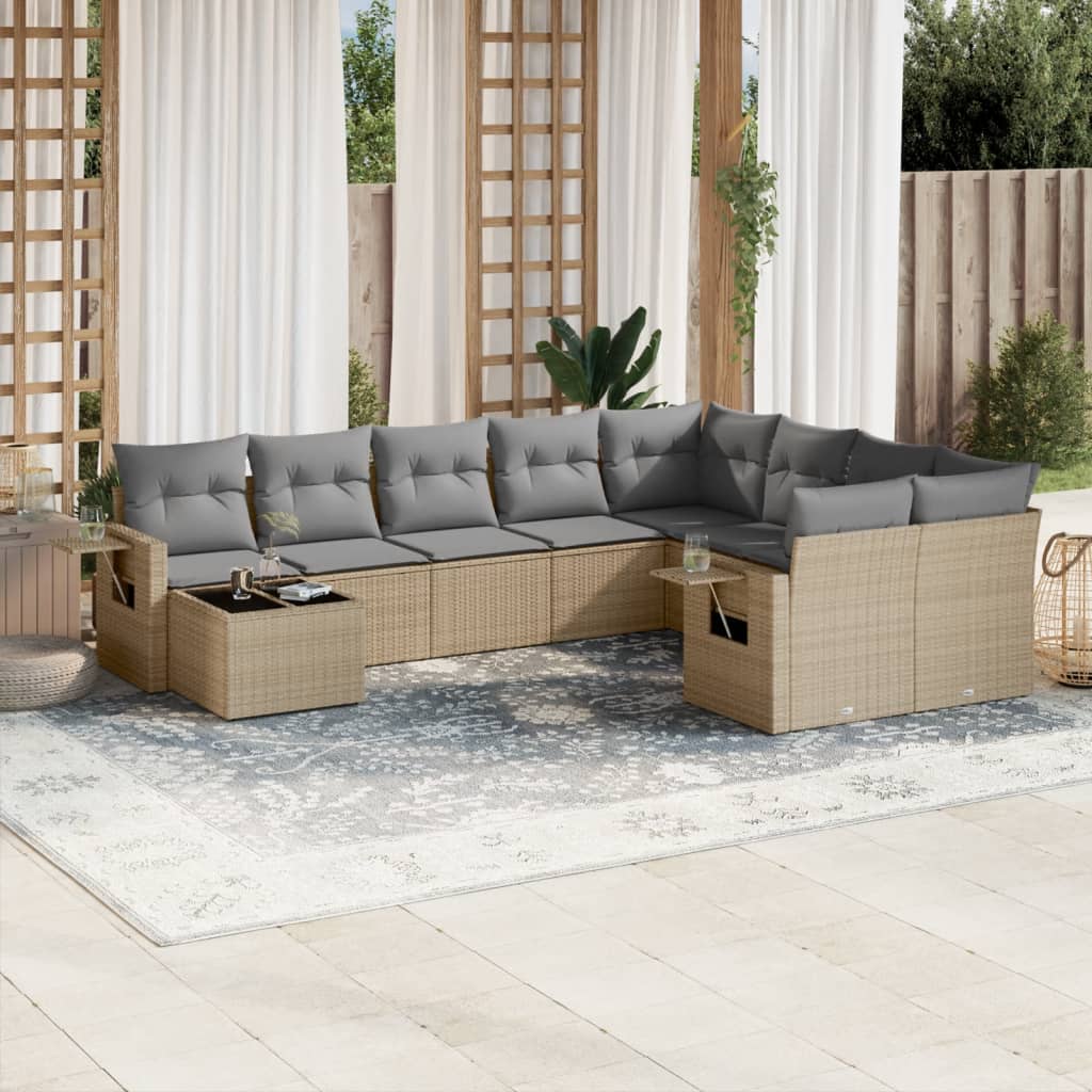 10 Pcs conjunto de sofás p/ jardim com almofadões vime PE bege