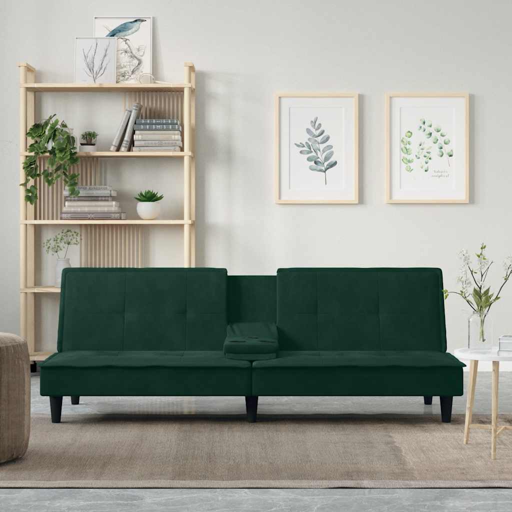 Sofá-cama com suportes para copos veludo verde-escuro