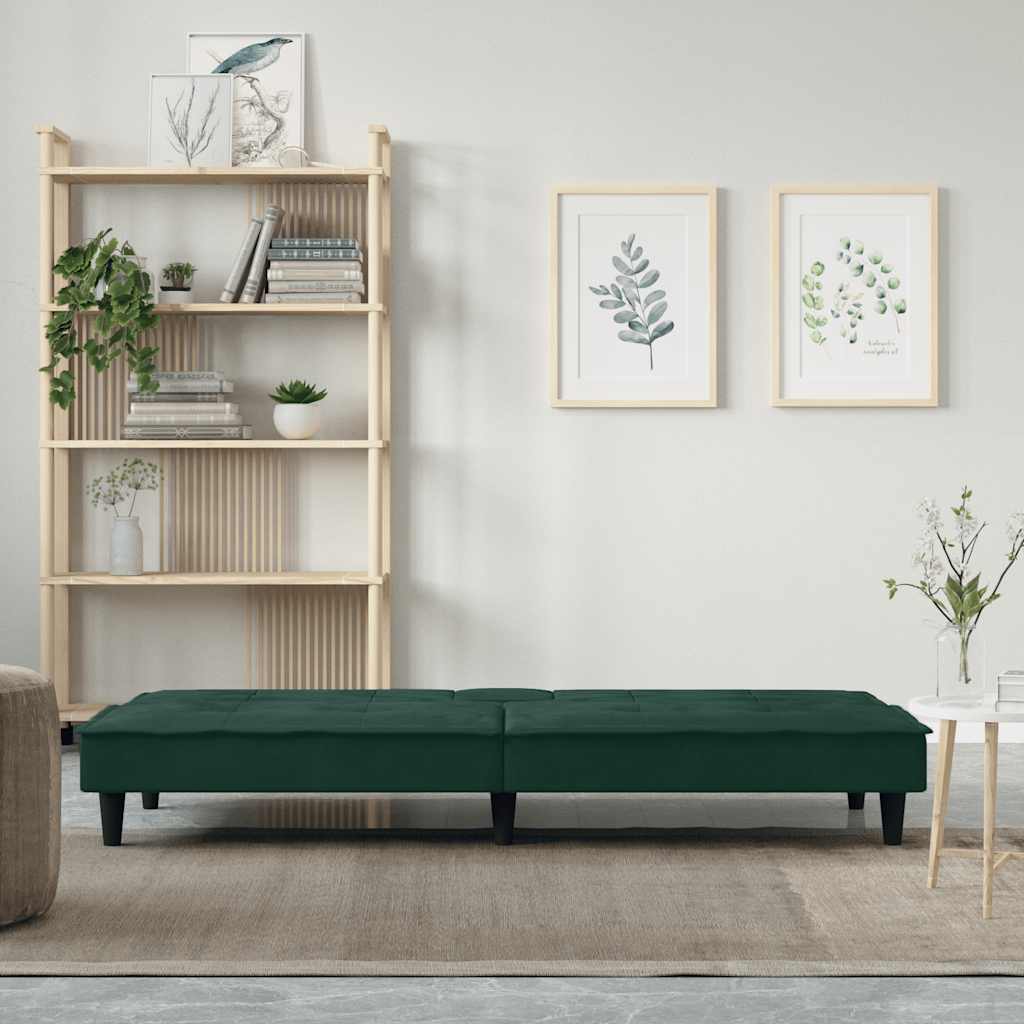 Sofá-cama com suportes para copos veludo verde-escuro