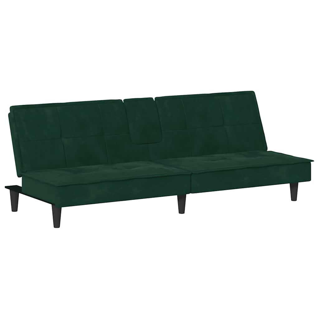 Sofá-cama com suportes para copos veludo verde-escuro
