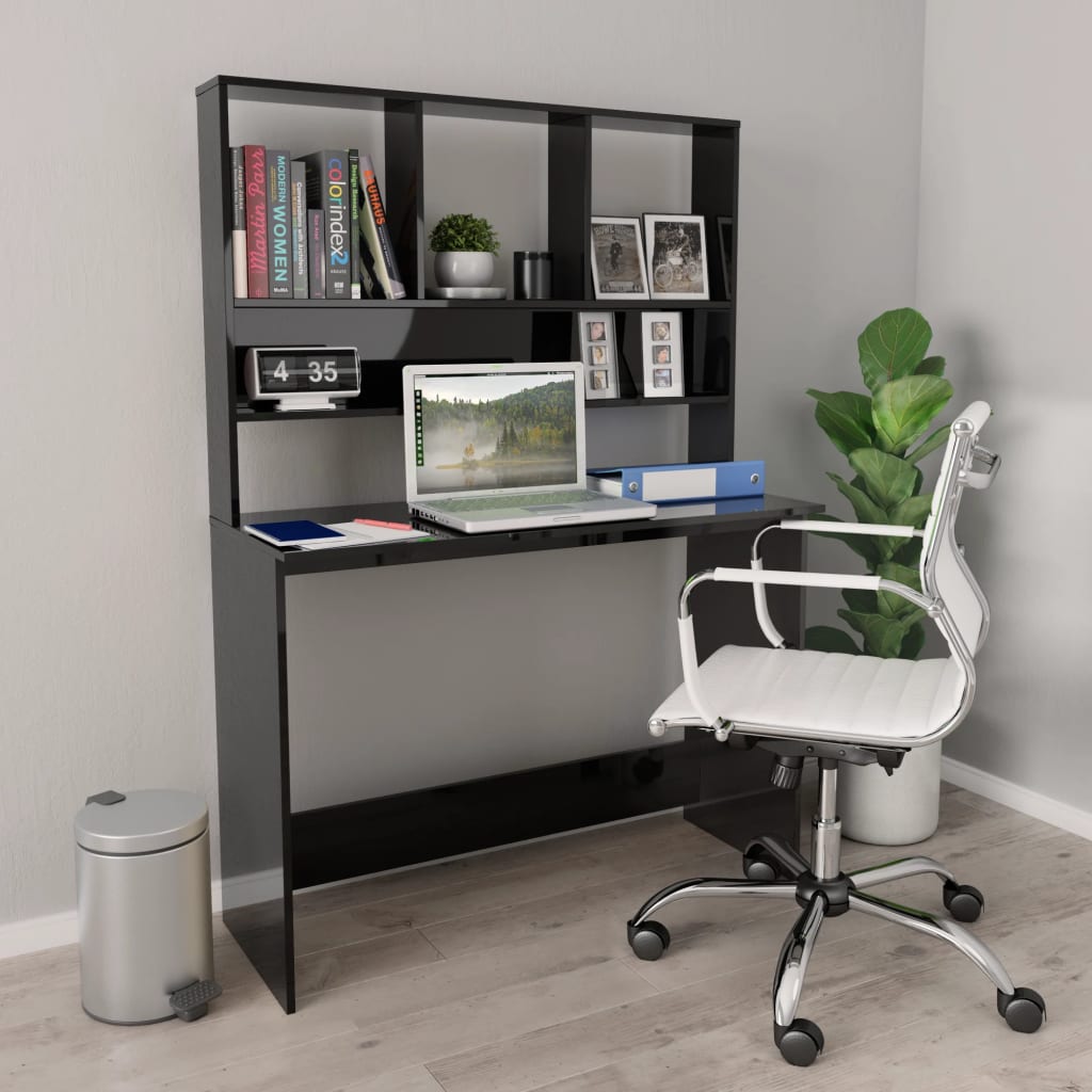 Secretária c/ prateleiras 110x45x157cm contrap. preto brilhante