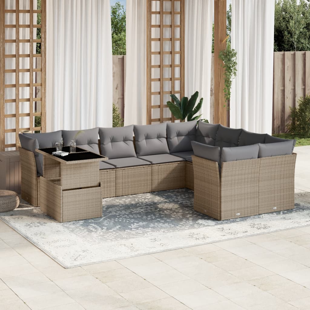 10 Pcs conjunto de sofás p/ jardim com almofadões vime PE bege
