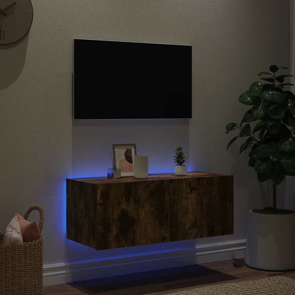 Móvel de parede p/ TV c/ luzes LED 80x35x31 cm carvalho fumado