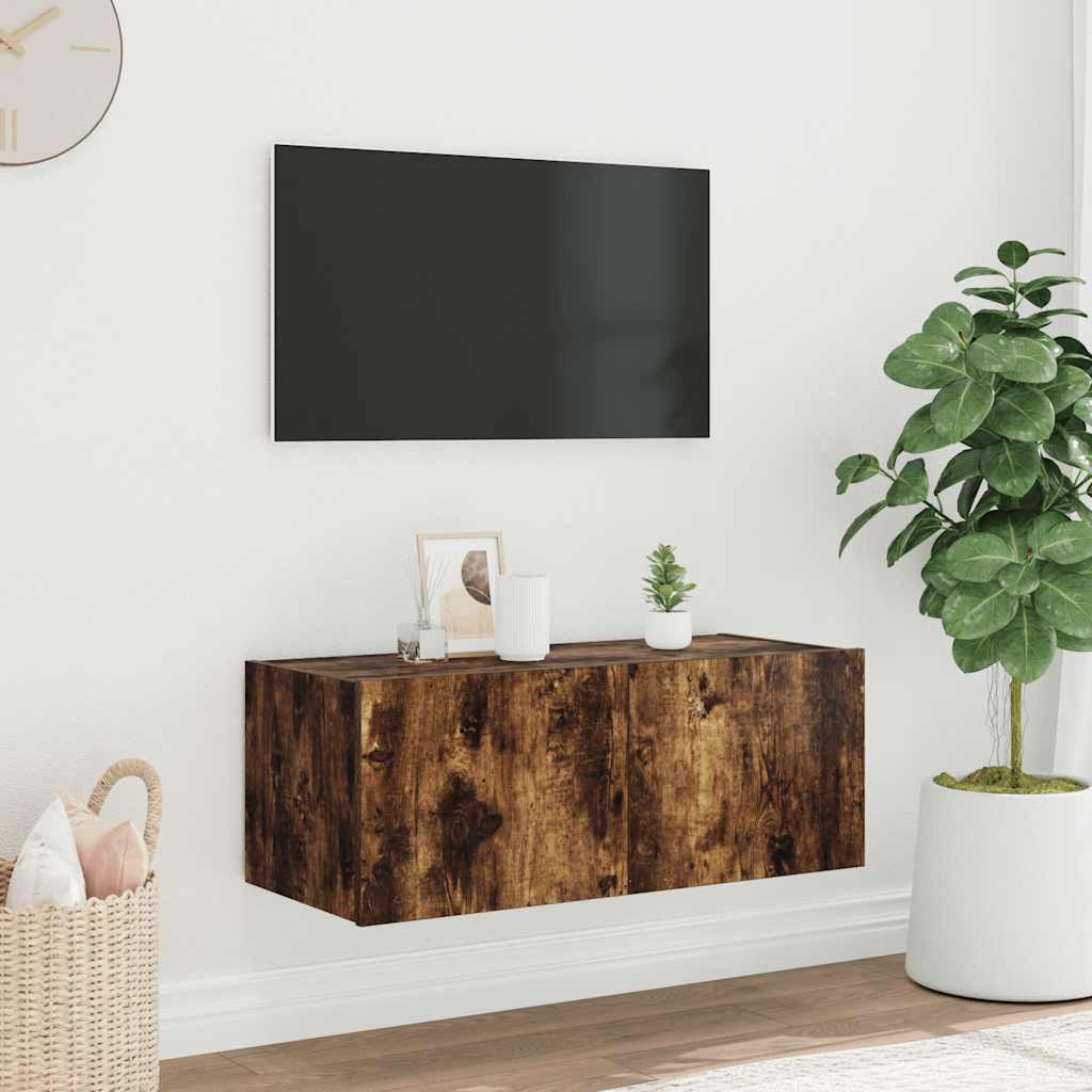 Móvel de parede p/ TV c/ luzes LED 80x35x31 cm carvalho fumado