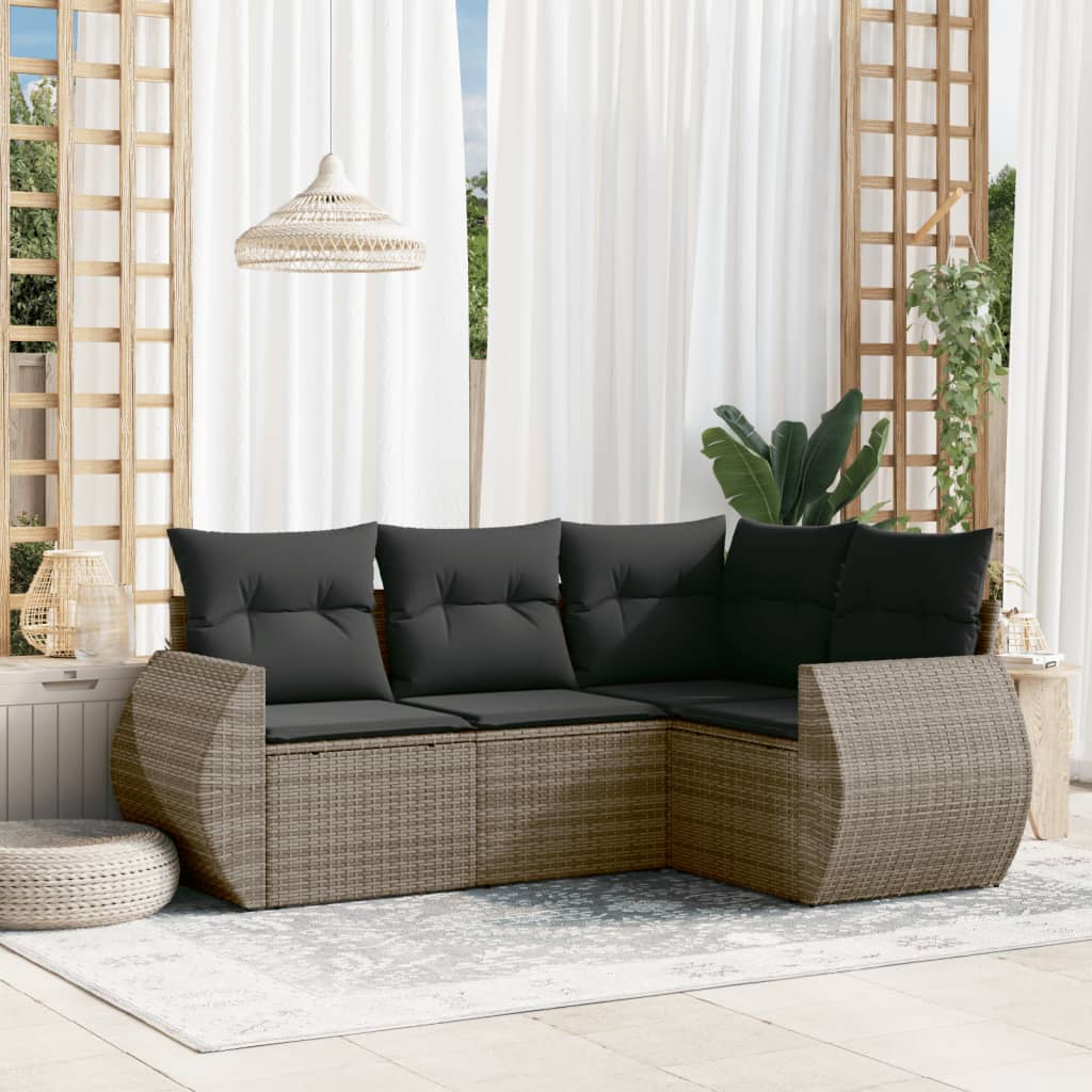 4 Pcs conjunto sofás de jardim c/ almofadões vime PE cinzento