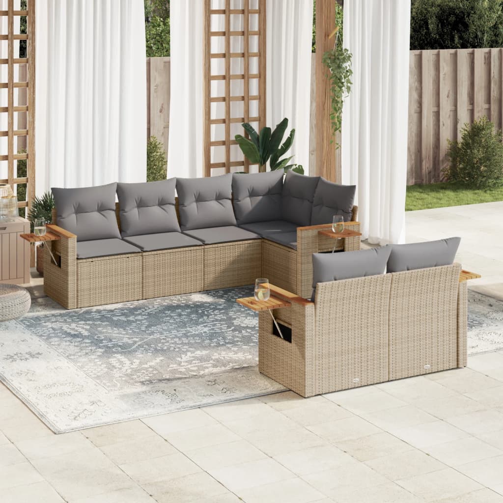 7 Pcs conjunto de sofás p/ jardim com almofadões vime PE bege