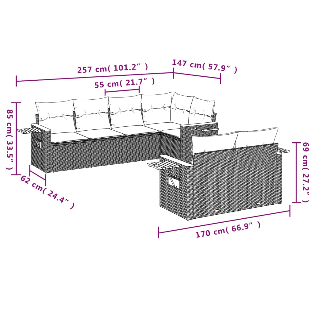 7 Pcs conjunto de sofás p/ jardim com almofadões vime PE bege