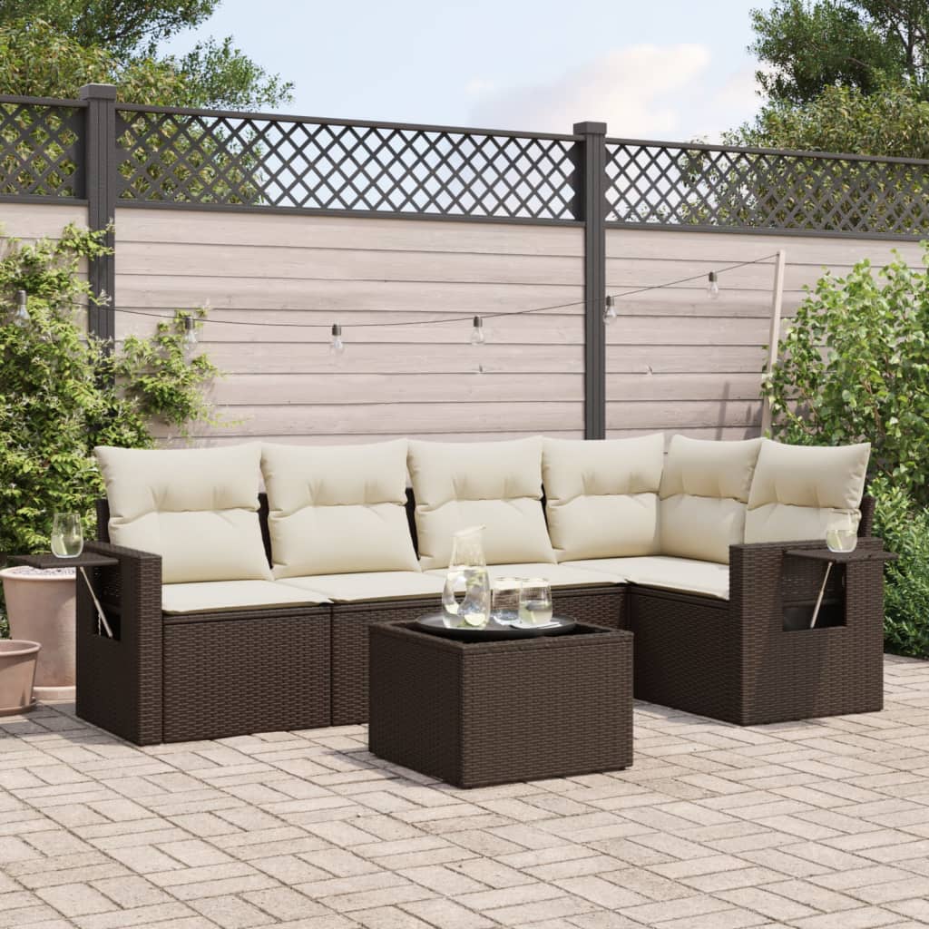 6 Pcs conjunto de sofás jardim c/ almofadões vime PE castanho