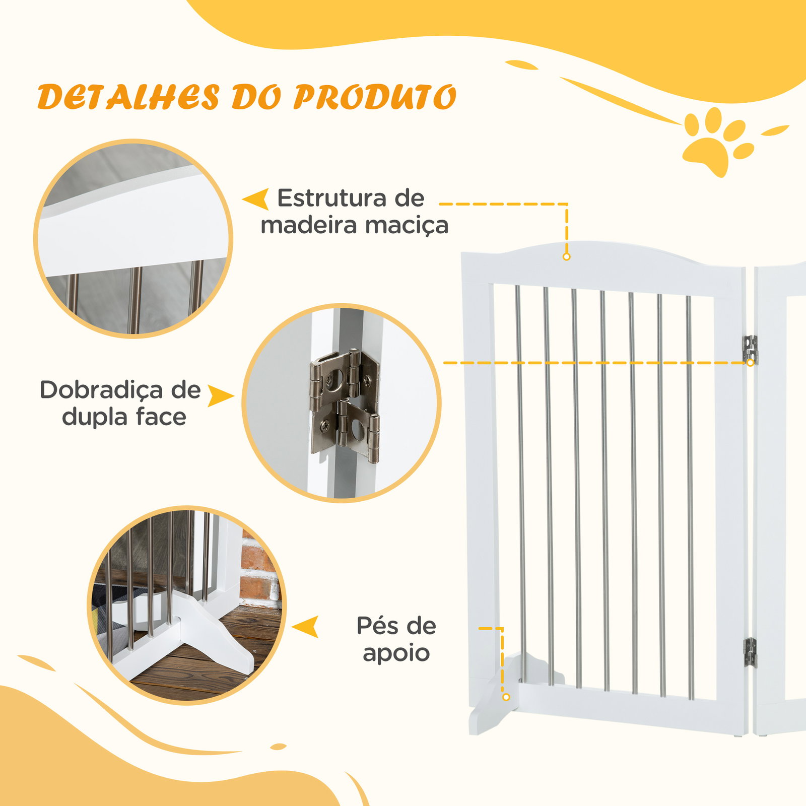 Barreira de segurança para cães barreira de segurança para escadas e portas dobrável com suporte de pé 154x30x80cm branco