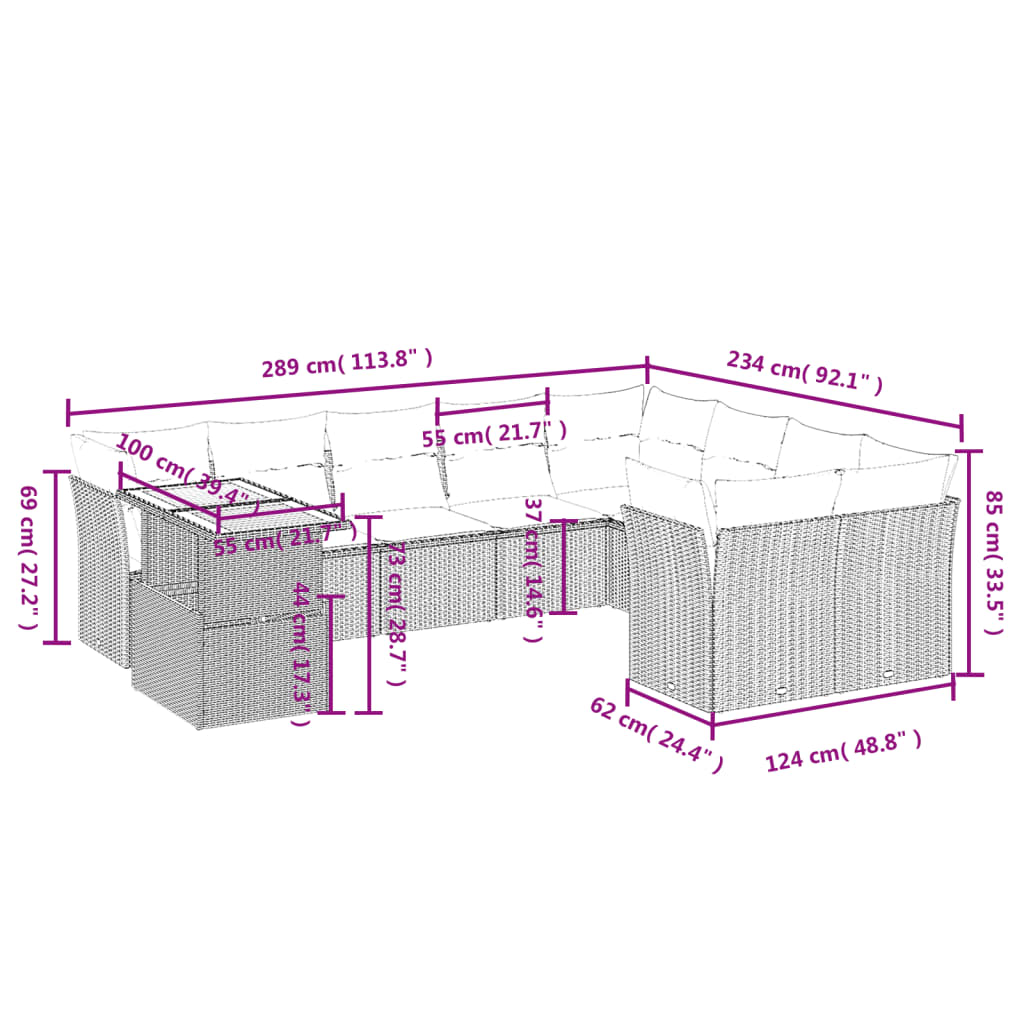 10 Pcs conjunto sofás de jardim c/ almofadões vime PE preto