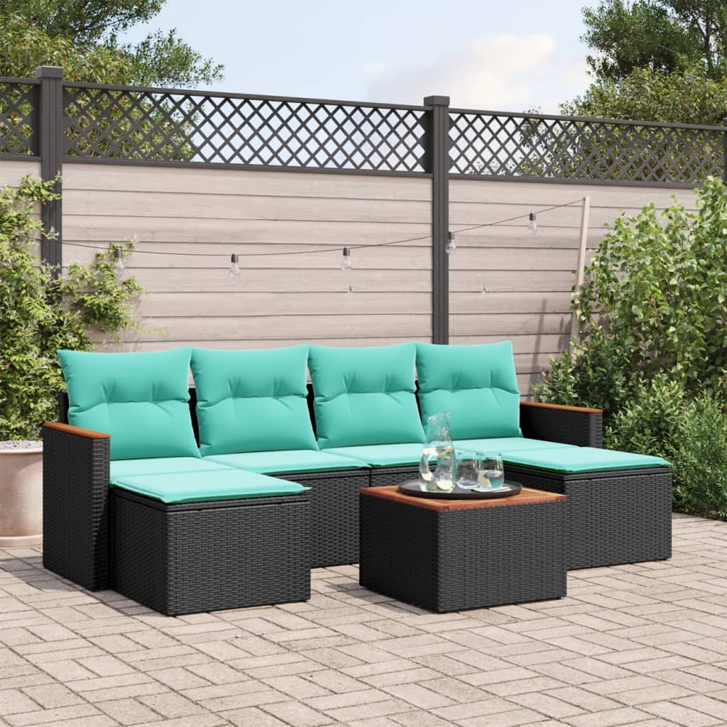 Conjunto de sofá de jardim com 7 peças e almofadas em rattan sintético preto