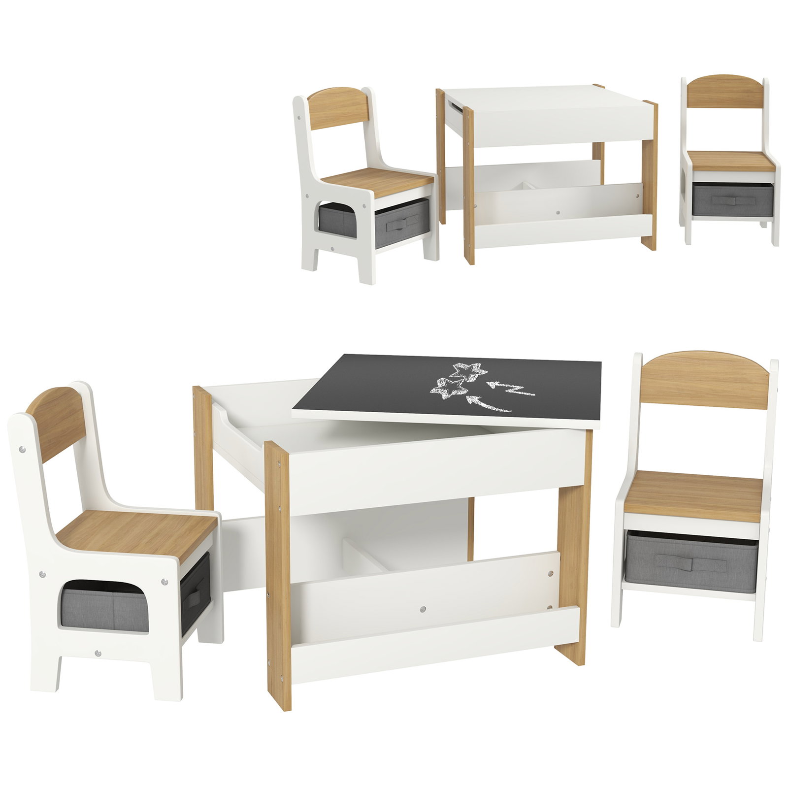 Conjunto de mesa e 2 cadeiras infantis 2 em 1 com ardósia gavetas de tecido e espaço de armazenamento para quarto cinza