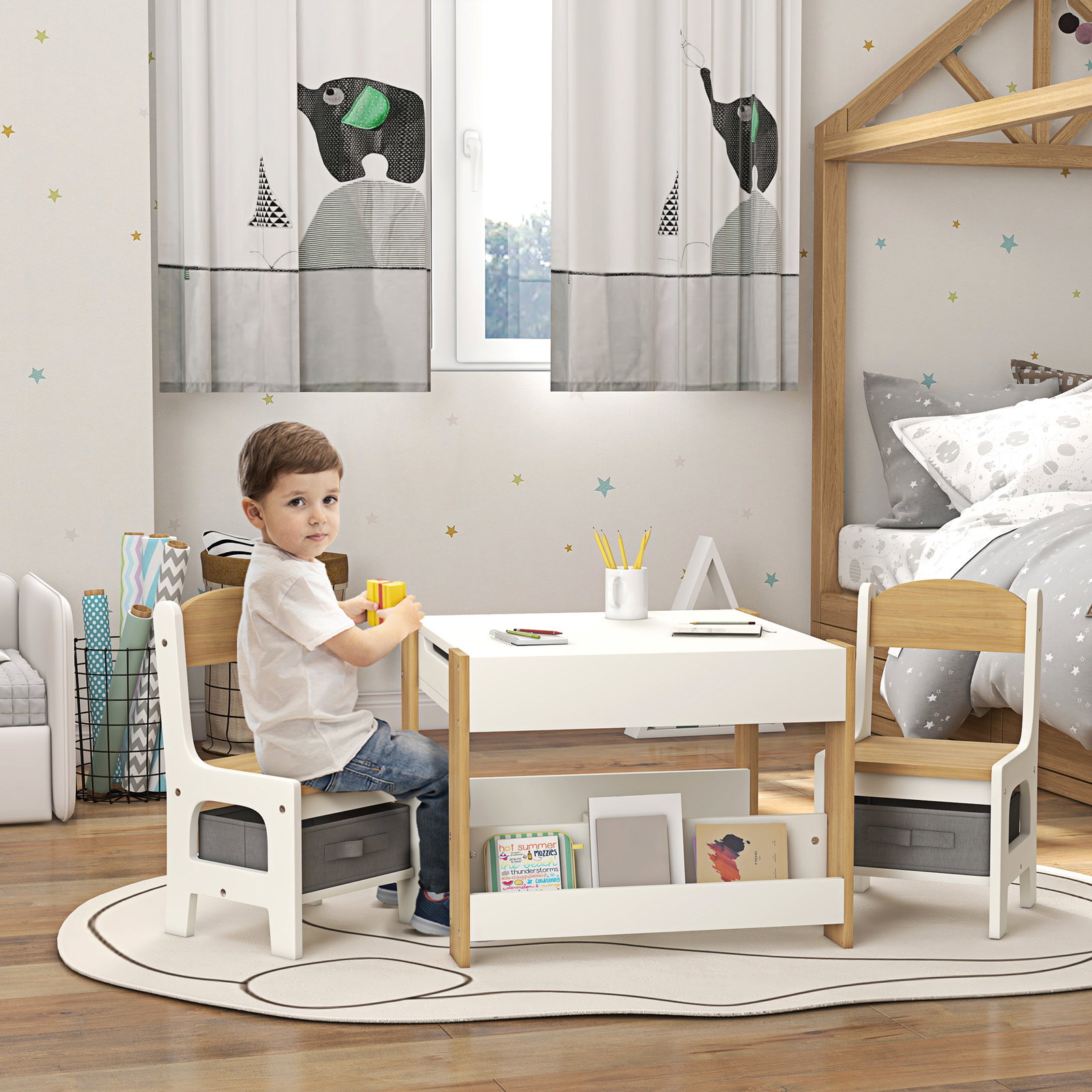Conjunto de mesa e 2 cadeiras infantis 2 em 1 com ardósia gavetas de tecido e espaço de armazenamento para quarto cinza