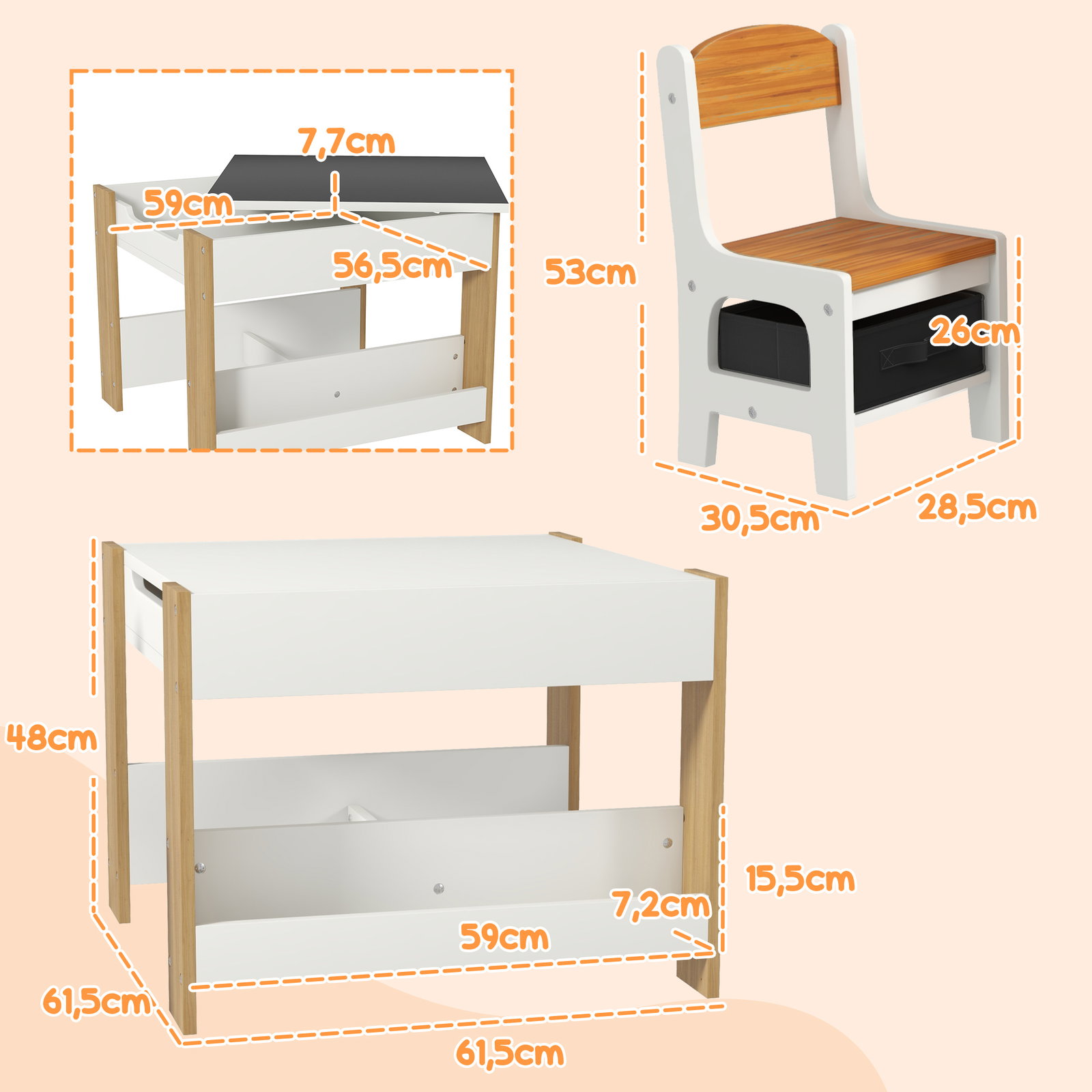 Conjunto de mesa e 2 cadeiras infantis 2 em 1 com ardósia gavetas de tecido e espaço de armazenamento para quarto cinza