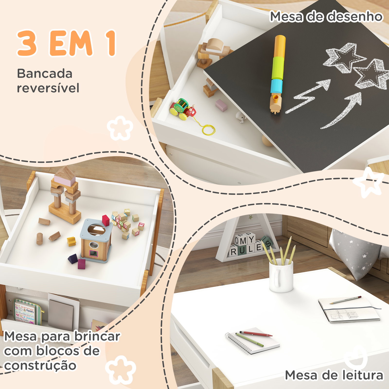 Conjunto de mesa e 2 cadeiras infantis 2 em 1 com ardósia gavetas de tecido e espaço de armazenamento para quarto cinza