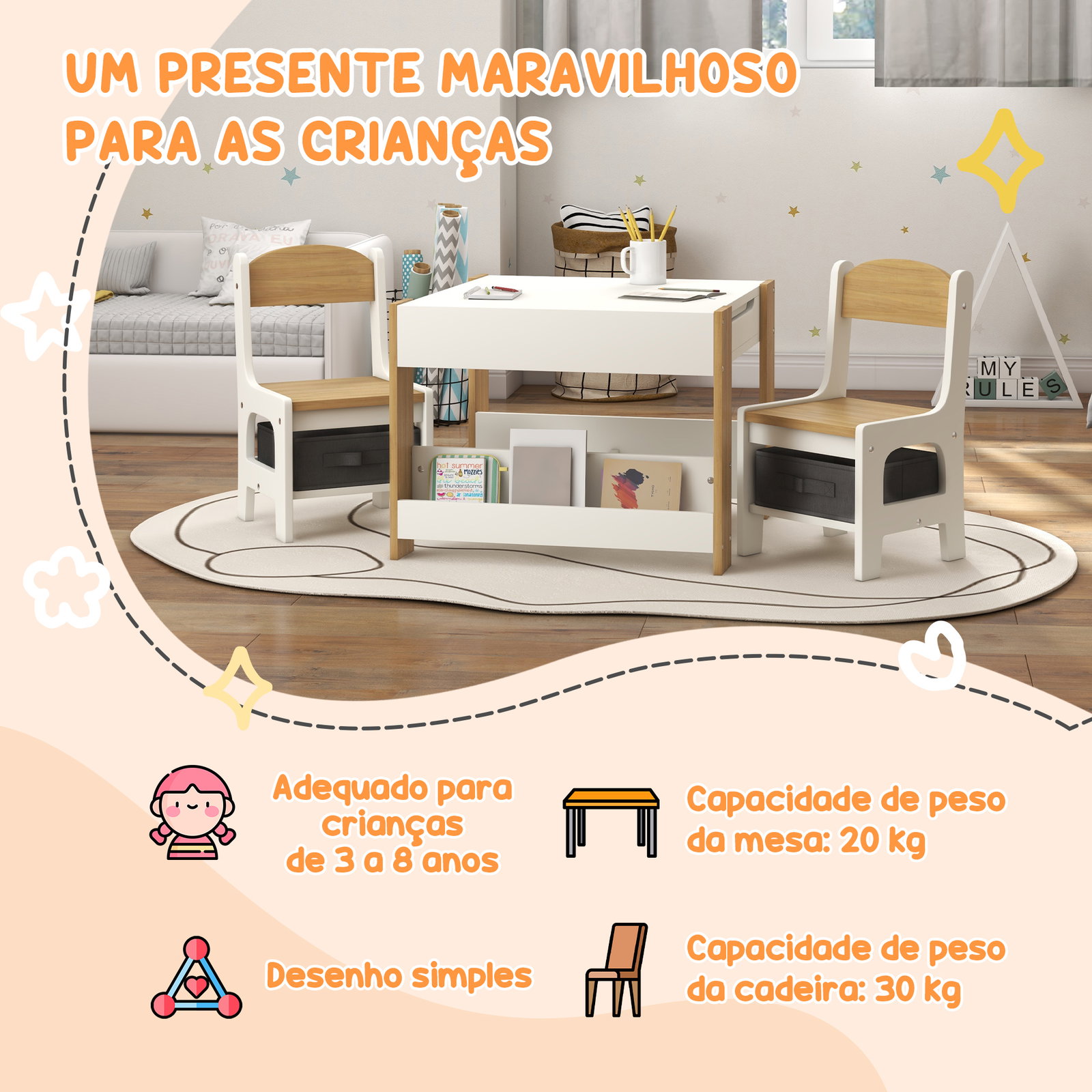 Conjunto de mesa e 2 cadeiras infantis 2 em 1 com ardósia gavetas de tecido e espaço de armazenamento para quarto cinza