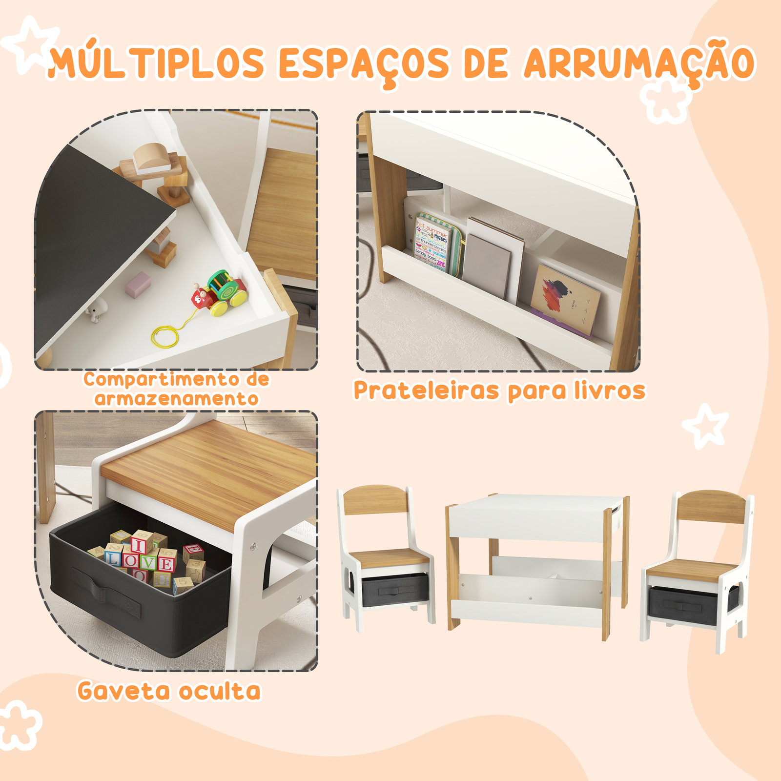 Conjunto de mesa e 2 cadeiras infantis 2 em 1 com ardósia gavetas de tecido e espaço de armazenamento para quarto cinza
