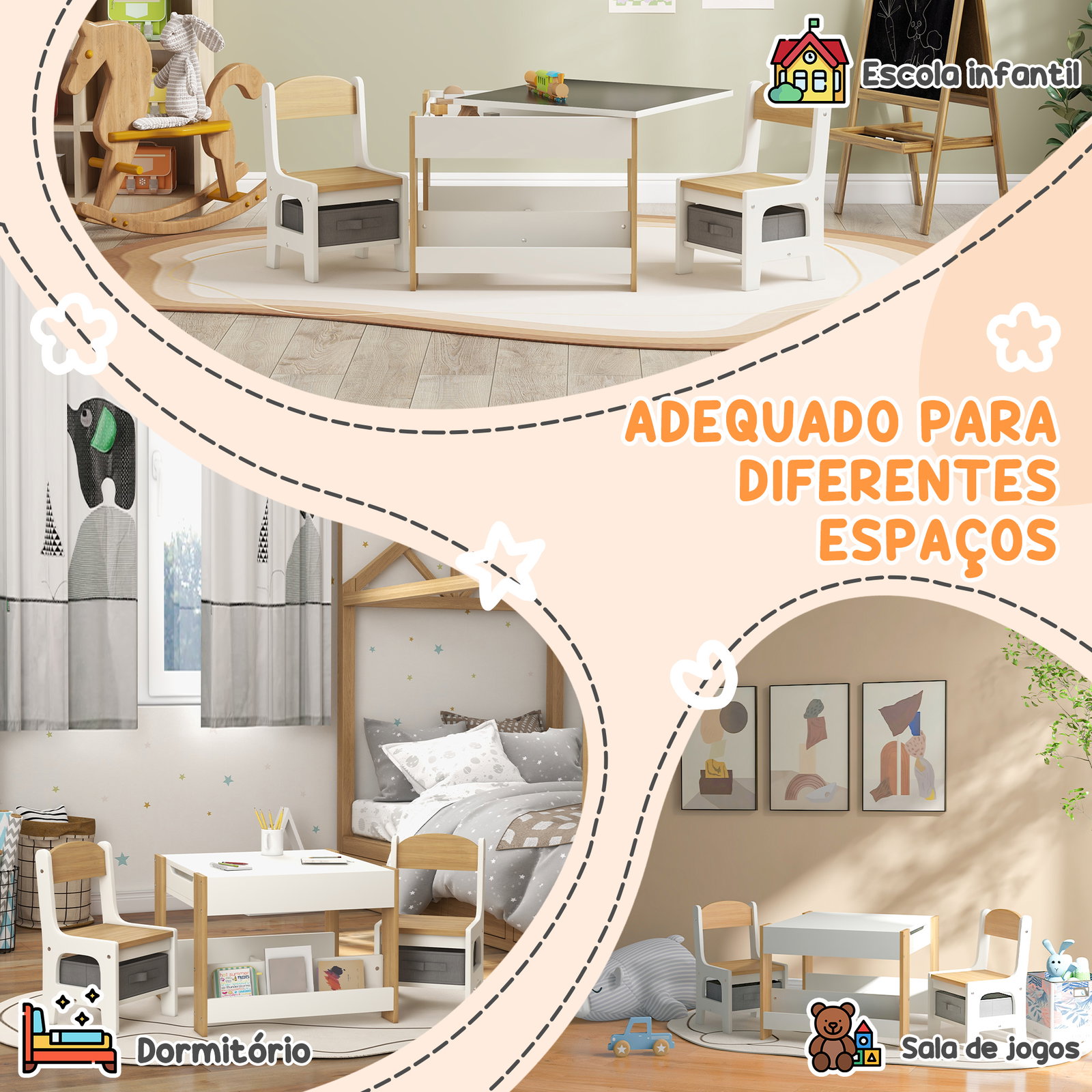 Conjunto de mesa e 2 cadeiras infantis 2 em 1 com ardósia gavetas de tecido e espaço de armazenamento para quarto cinza