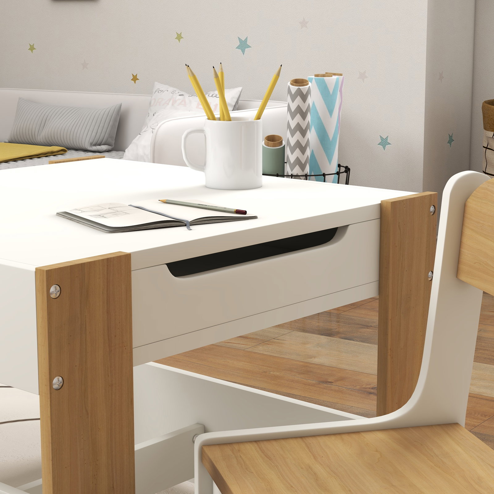 Conjunto de mesa e 2 cadeiras infantis 2 em 1 com ardósia gavetas de tecido e espaço de armazenamento para quarto cinza