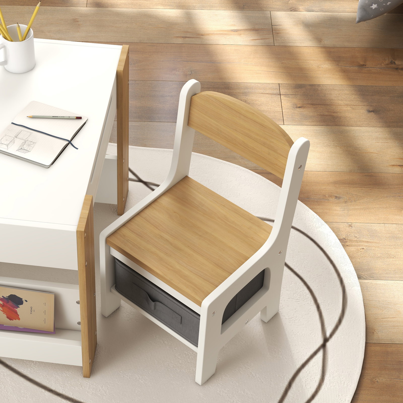 Conjunto de mesa e 2 cadeiras infantis 2 em 1 com ardósia gavetas de tecido e espaço de armazenamento para quarto cinza