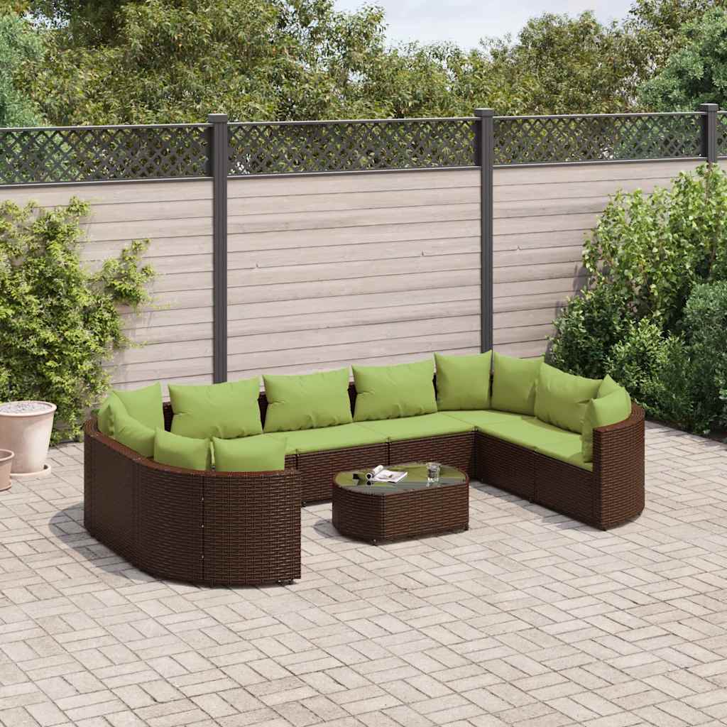 10 Pcs conj. sofás jardim com almofadões vime PE castanho