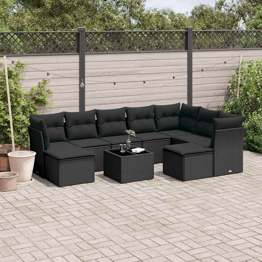 10 Pcs conjunto sofás de jardim c/ almofadões vime PE preto