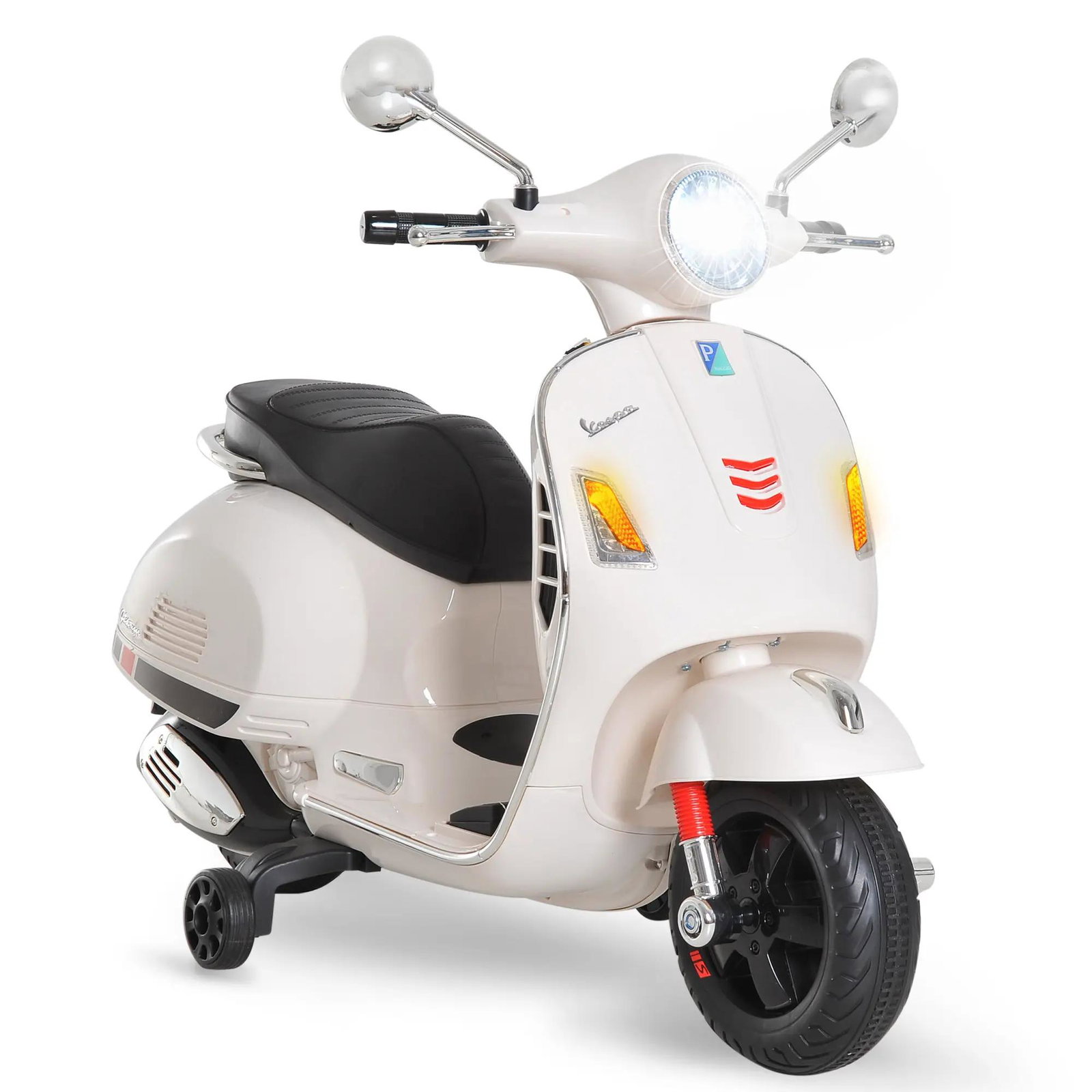 Mota elétrica para crianças com licença vespa com música velocidade 2-3 km/h e buzina 102x50,5x75,5 cm branco