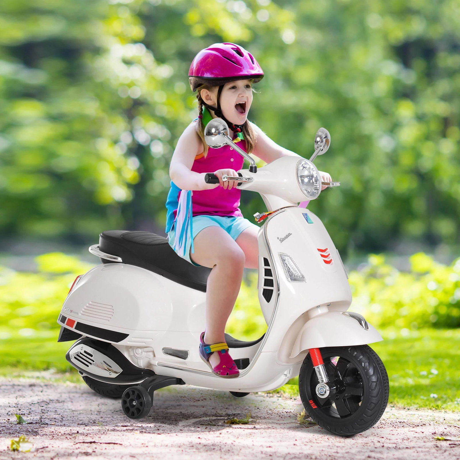 Mota elétrica para crianças com licença vespa com música velocidade 2-3 km/h e buzina 102x50,5x75,5 cm branco