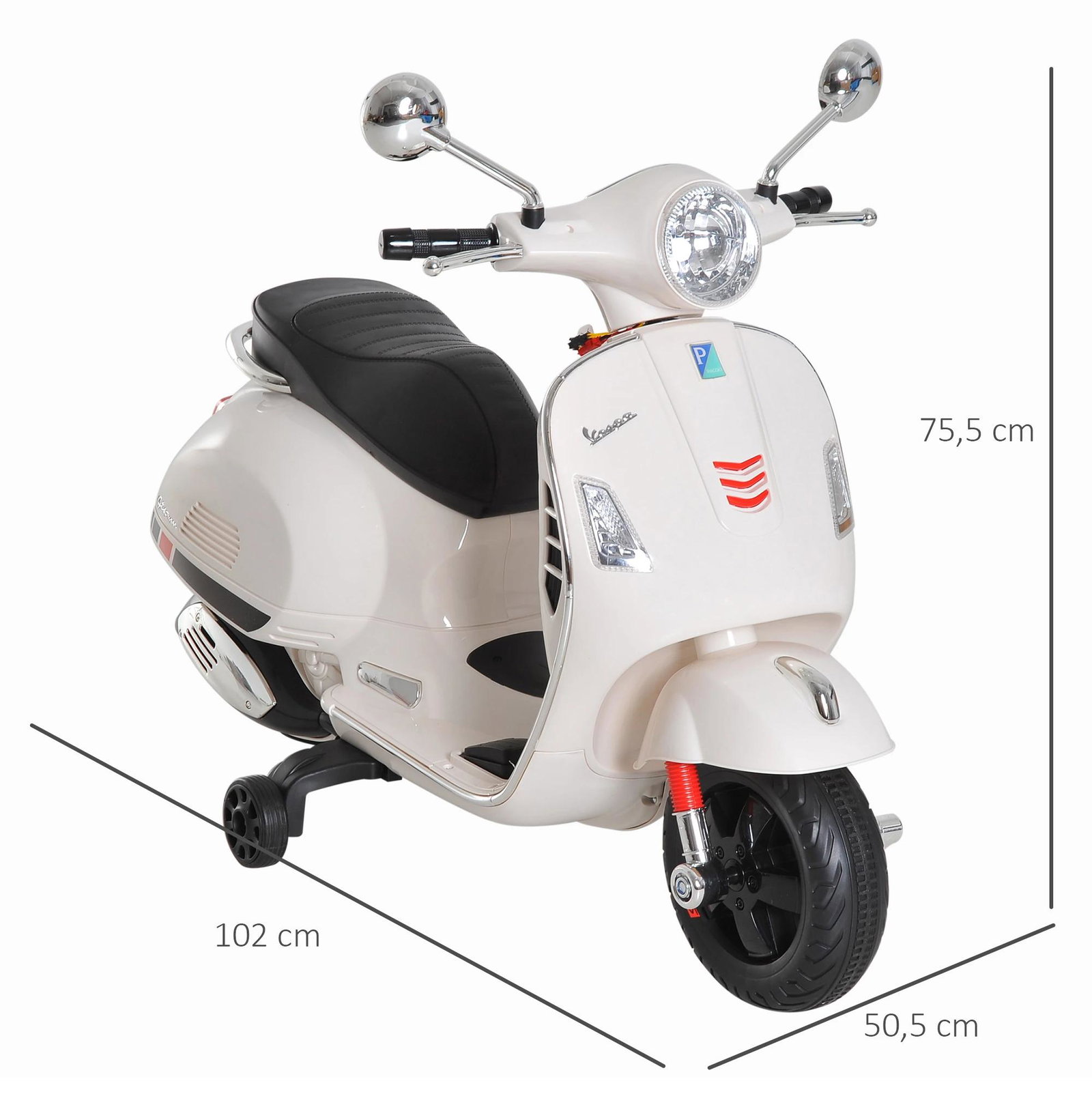 Mota elétrica para crianças com licença vespa com música velocidade 2-3 km/h e buzina 102x50,5x75,5 cm branco