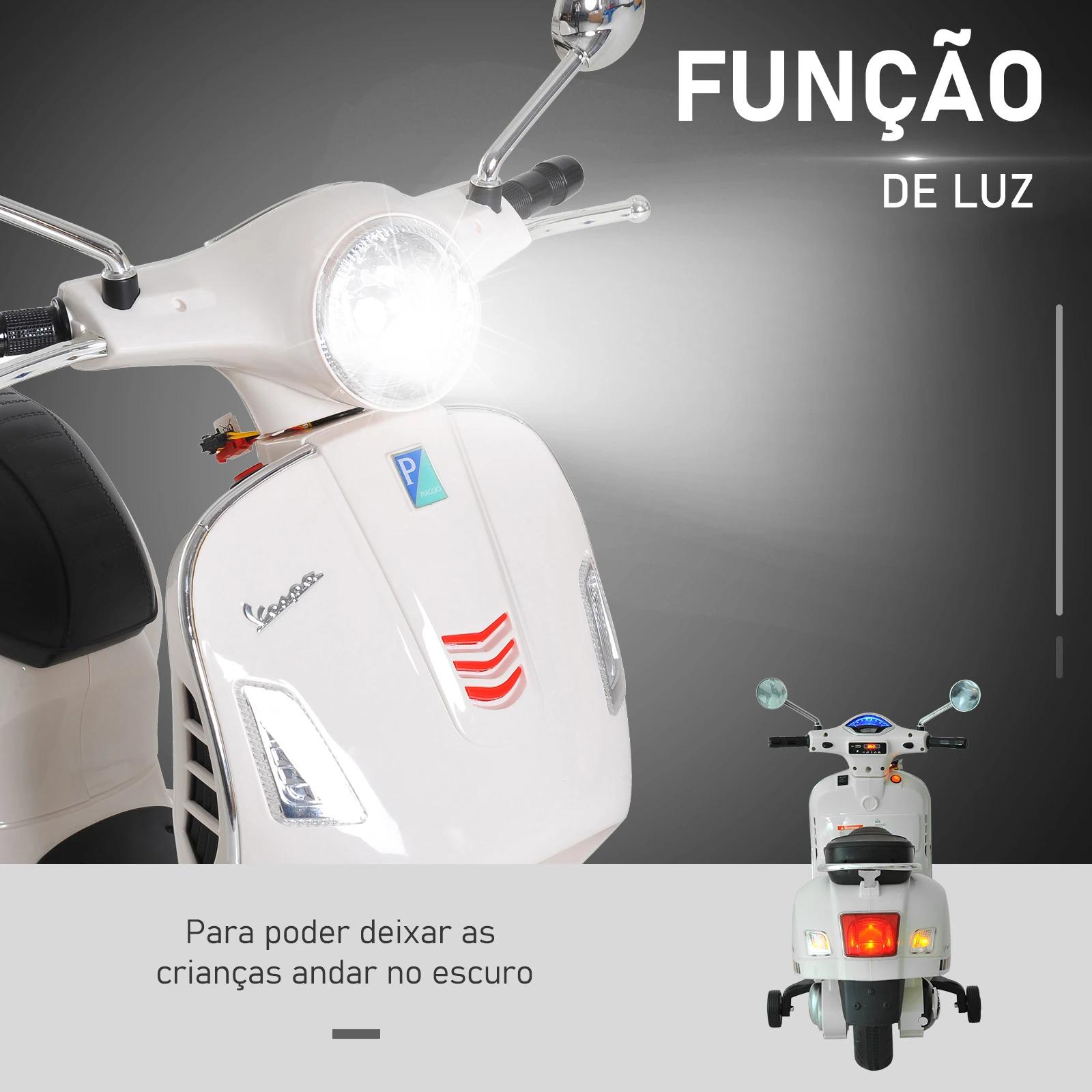 Mota elétrica para crianças com licença vespa com música velocidade 2-3 km/h e buzina 102x50,5x75,5 cm branco