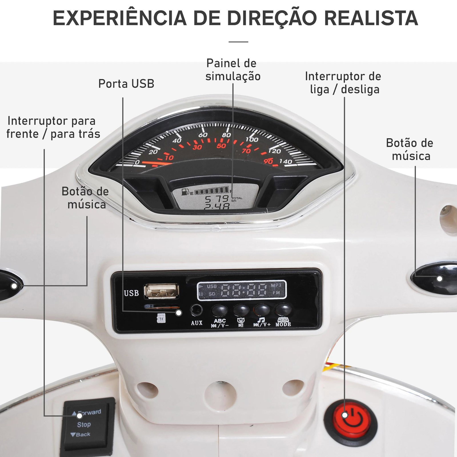 Mota elétrica para crianças com licença vespa com música velocidade 2-3 km/h e buzina 102x50,5x75,5 cm branco