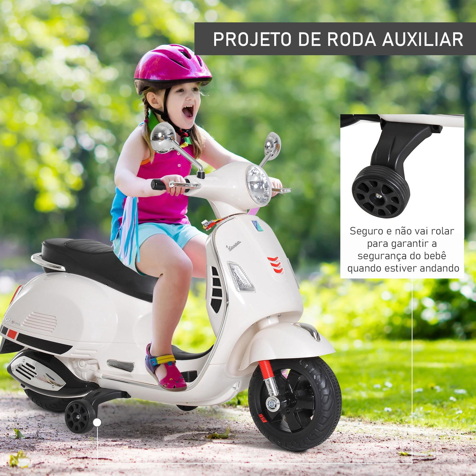 Mota elétrica para crianças com licença vespa com música velocidade 2-3 km/h e buzina 102x50,5x75,5 cm branco
