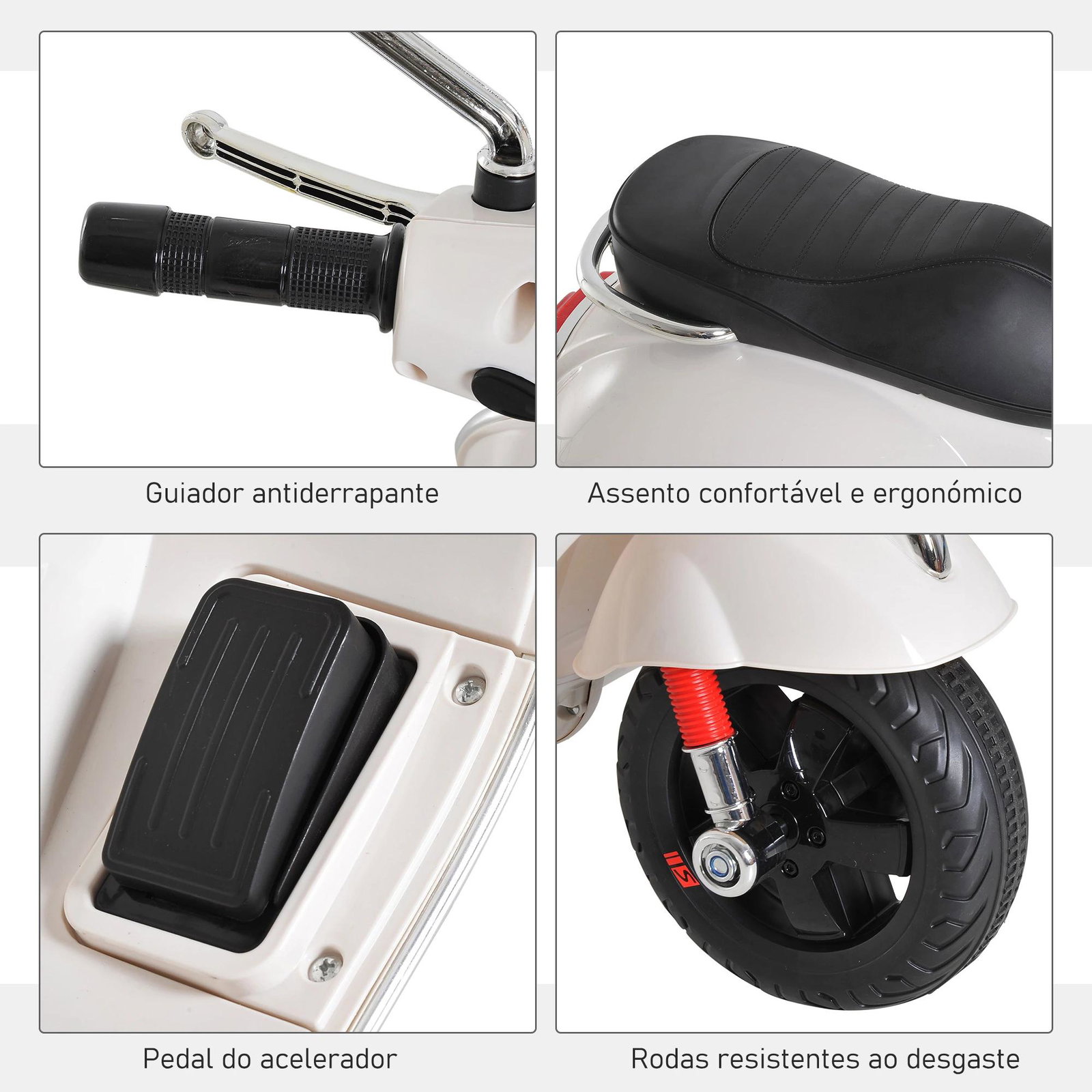 Mota elétrica para crianças com licença vespa com música velocidade 2-3 km/h e buzina 102x50,5x75,5 cm branco
