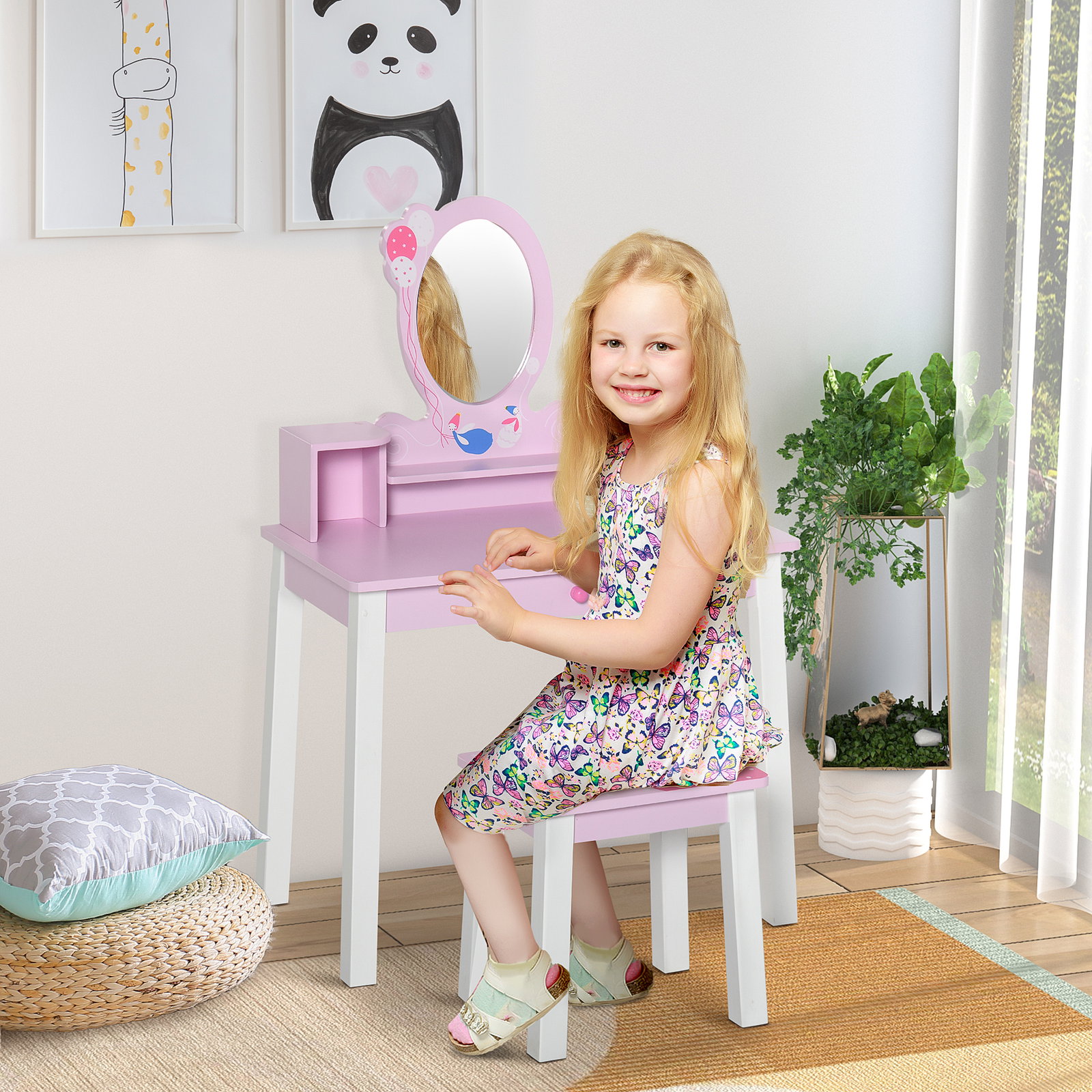 Toucador infantil com banco e espelho mesa de maquilhagem infantil estilo princesa de madeira 59x39x92cm rosa