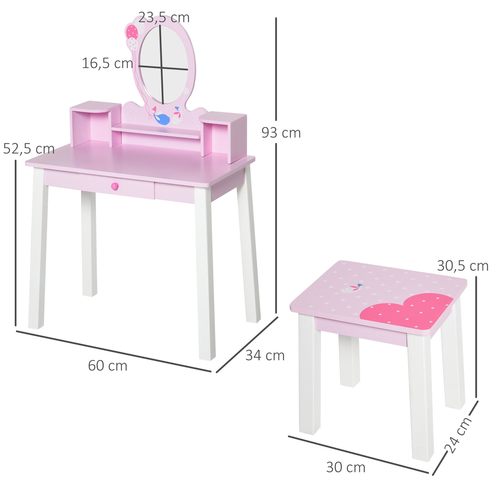Toucador infantil com banco e espelho mesa de maquilhagem infantil estilo princesa de madeira 59x39x92cm rosa